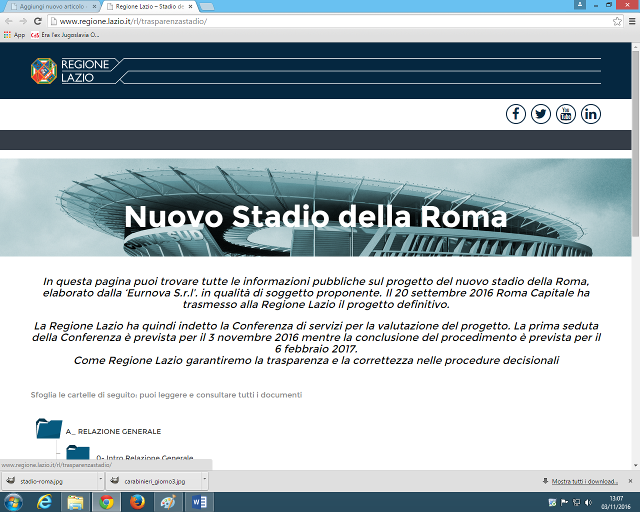 Il sito web della regione dedicato al progetto Stadio della Roma