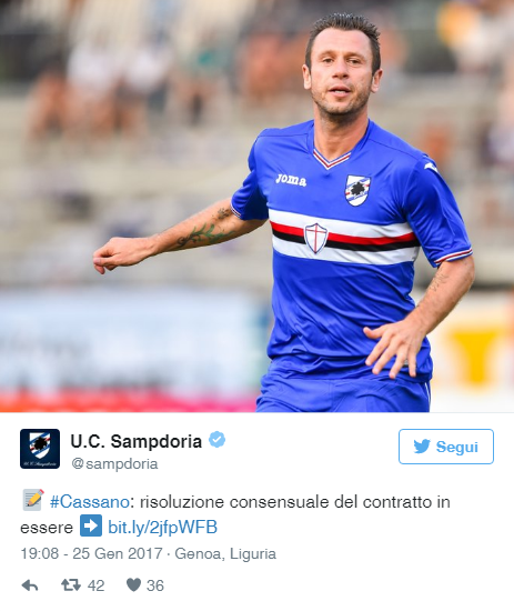Sampdoria tweet Cassano