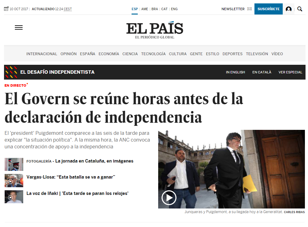 El Pais, gli esponenti del governo catalano si riuniscono prima della probabile dichiarazione unilaterale di indipendenza