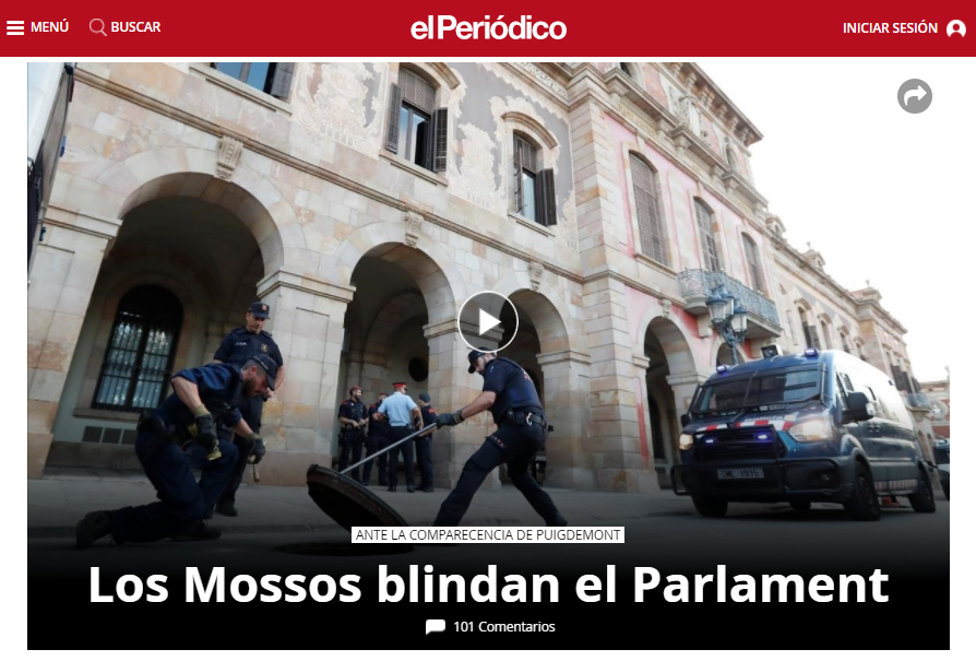 El Periodico, i Mossos d'Esquadra presidiano il Parlamento catalano a poche ore dal discorso di Puigdemont
