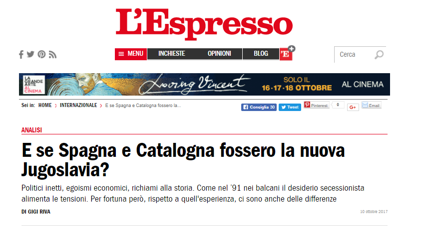 L'Espresso, la secessione della Catalogna può ricalcare in alcuni tratti la disintegrazione della Jugoslavia