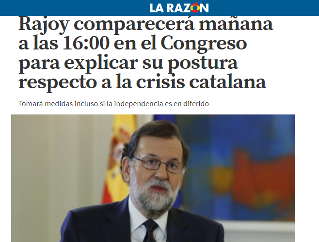 La Razon, il premier Mariano Rajoy annuncerà domani in Parlamento l'intervento sulla crisi catalana