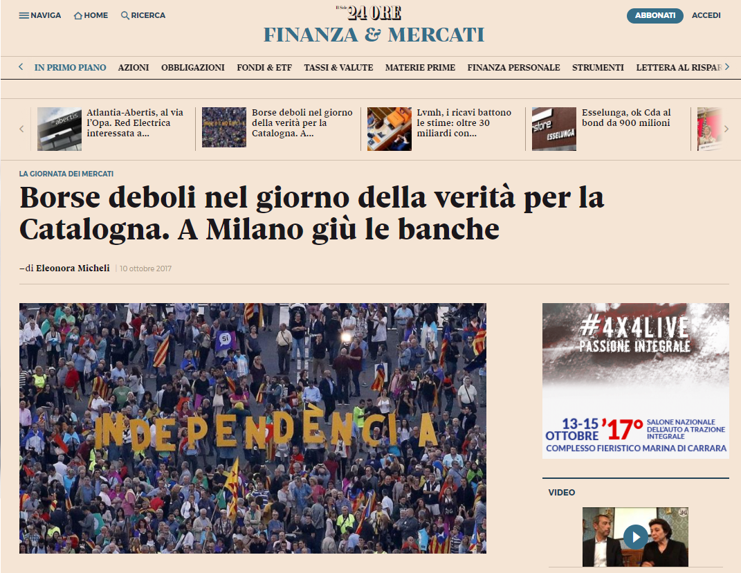Il Sole 24Ore, i mercati risentono dell'incertezza nel giorno della verità per la Catalogna