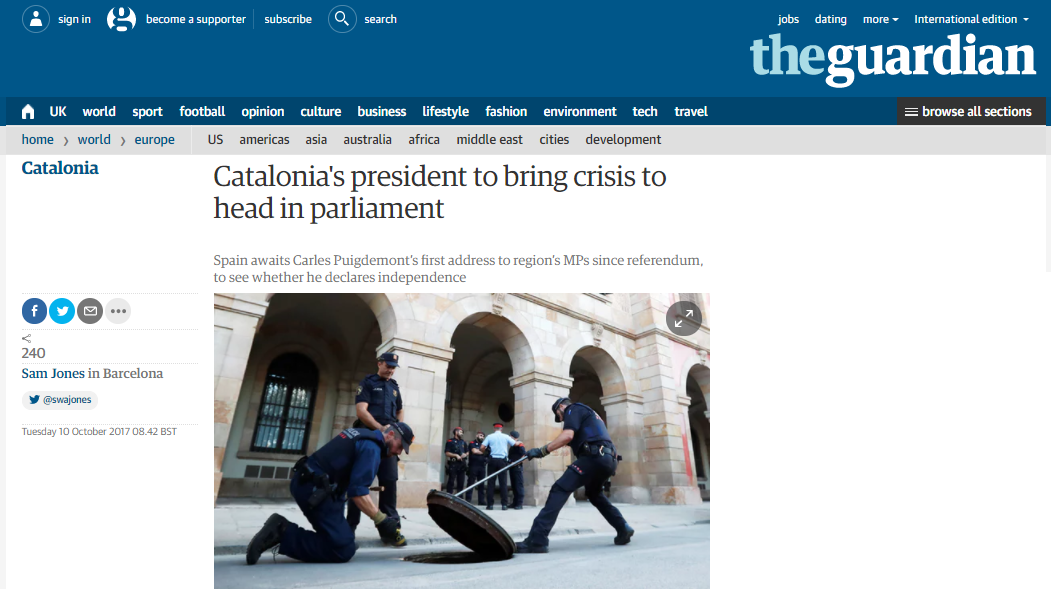 The Guardian, tutta la Spagna attende di sapere se il capo della Generalitat dichiarerà l'indipendenza