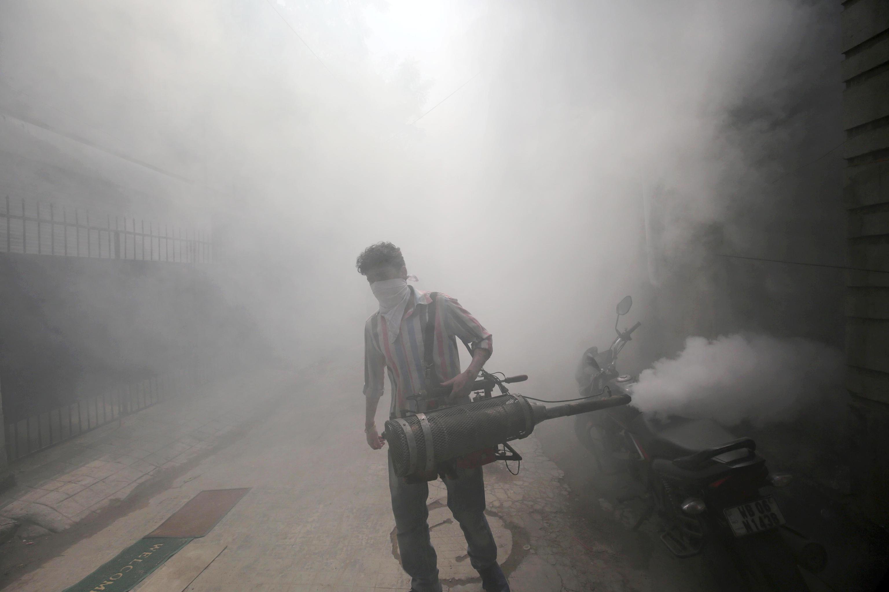 Un funzionario del governo disinfetta le strade di Calcutta