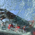 Il vetro frantumato dell'auto colpita dalla moto-bomba