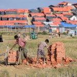 Degli uomini impegnati nel trasporto di mattoni