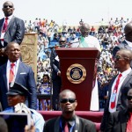 Il neo presidente della Liberia durante il suo discorso di insediamento Il neo presidente della Liberia durante il suo discorso di insediamento