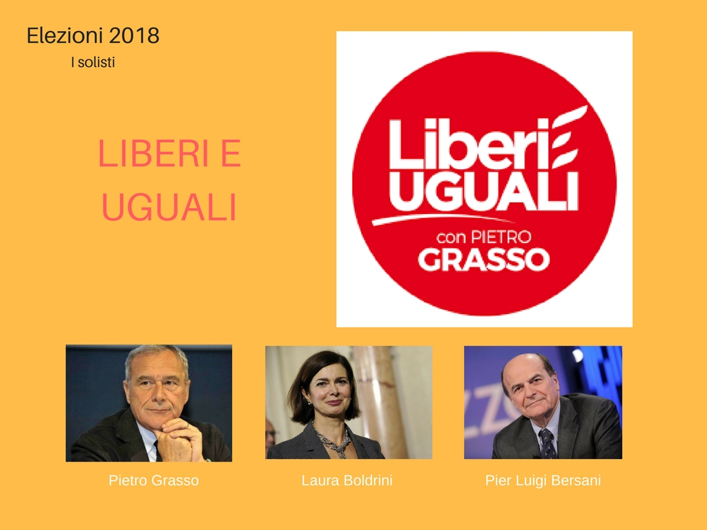 Anche Liberi e Uguali corre da solo, lontano dal Pd e frutto delle scissione post referendaria. Il candidato premier sarà Pietro Grasso, supportato dagli scissionisti PIer Luigi Bersani e Massimo D'Alema. Anche Liberi e Uguali corre da solo, lontano dal Pd e frutto delle scissione post referendaria. Il candidato premier sarà Pietro Grasso, supportato dagli scissionisti PIer Luigi Bersani e Massimo D'Alema.