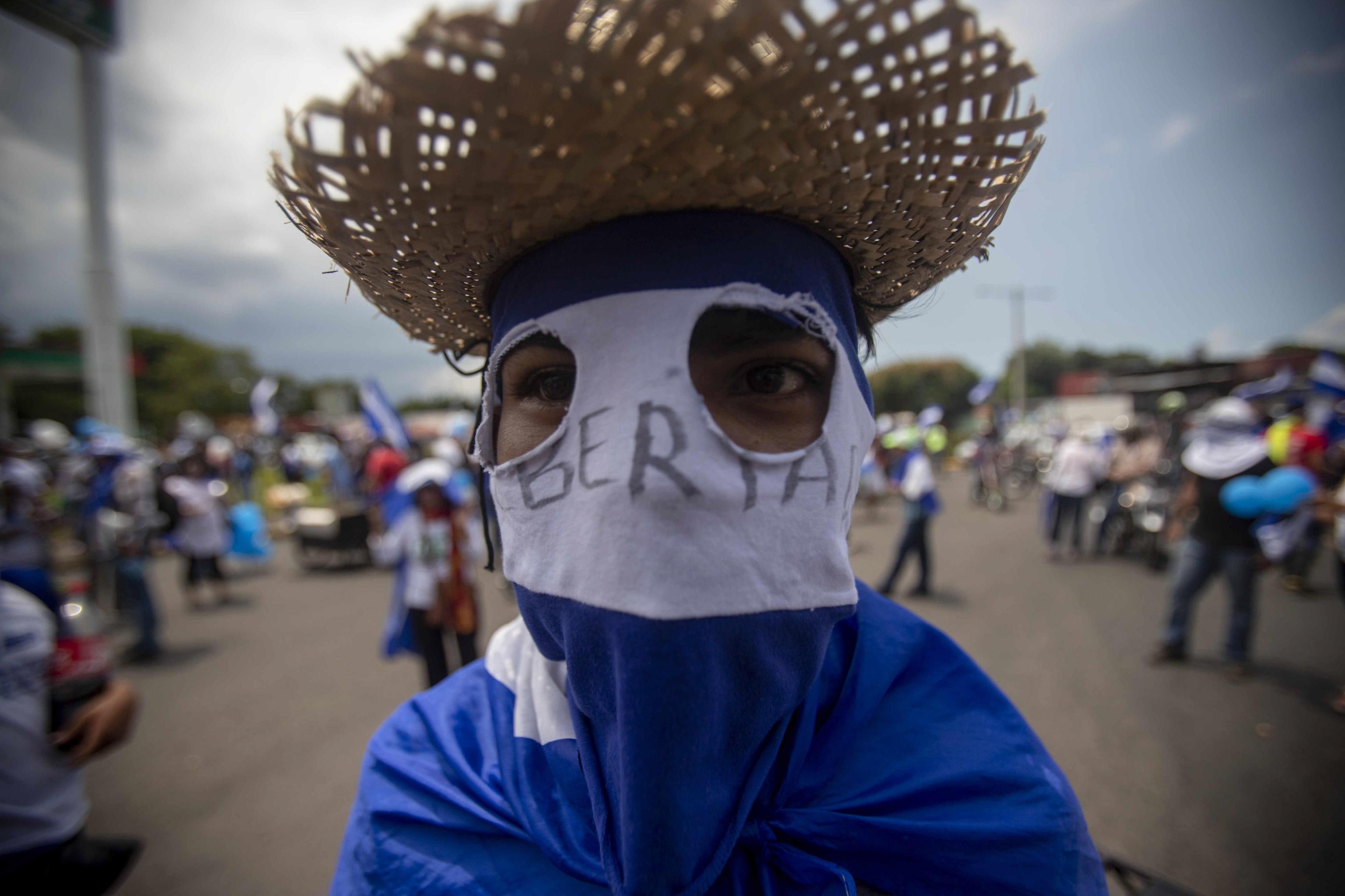 Un manifestante protesta vestito con la bandiera nazionale. Un manifestante protesta vestito con la bandiera nazionale.