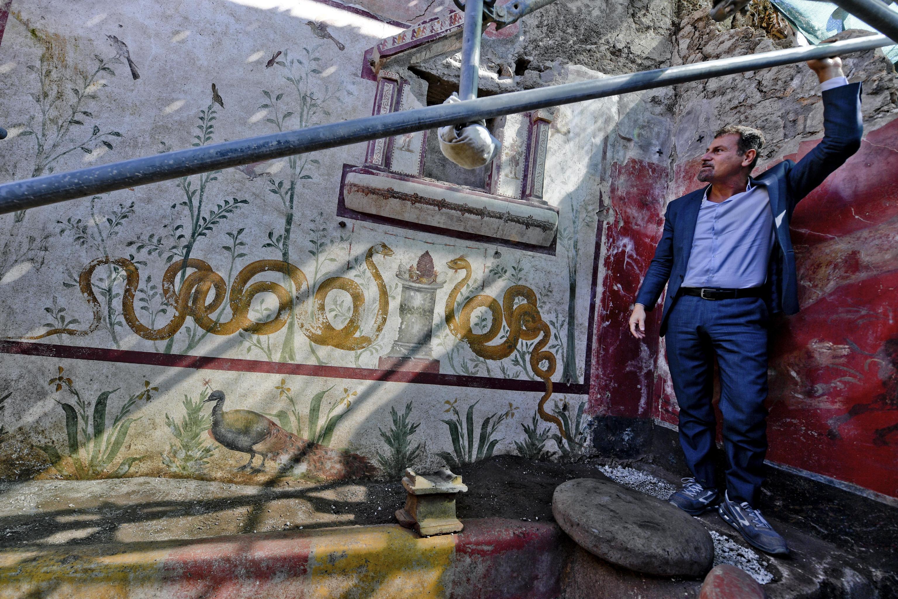 Il direttore generale del Parco archeologico di Pompei, Massimo Osanna mostra gli affreschi del Giardino Incantato