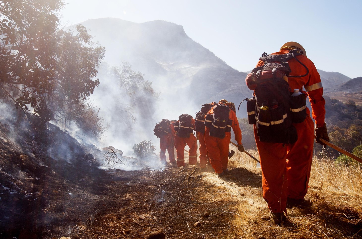 I vigili del fuoco lavorano per spegnere le fiamme su una collina a West Hills (Contea di Butte, California)