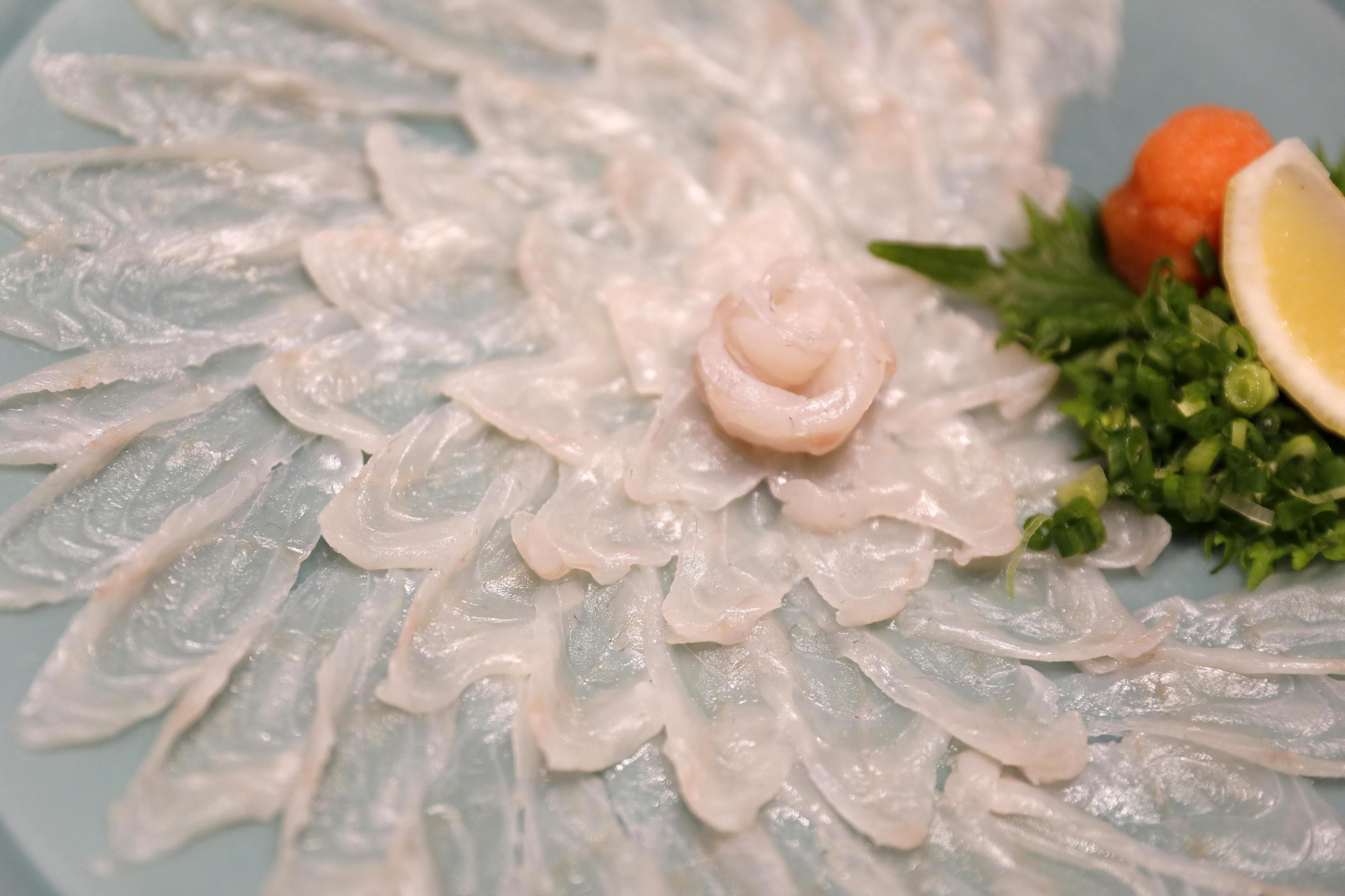 Dettaglio del sashimi preparato con il pesce palla