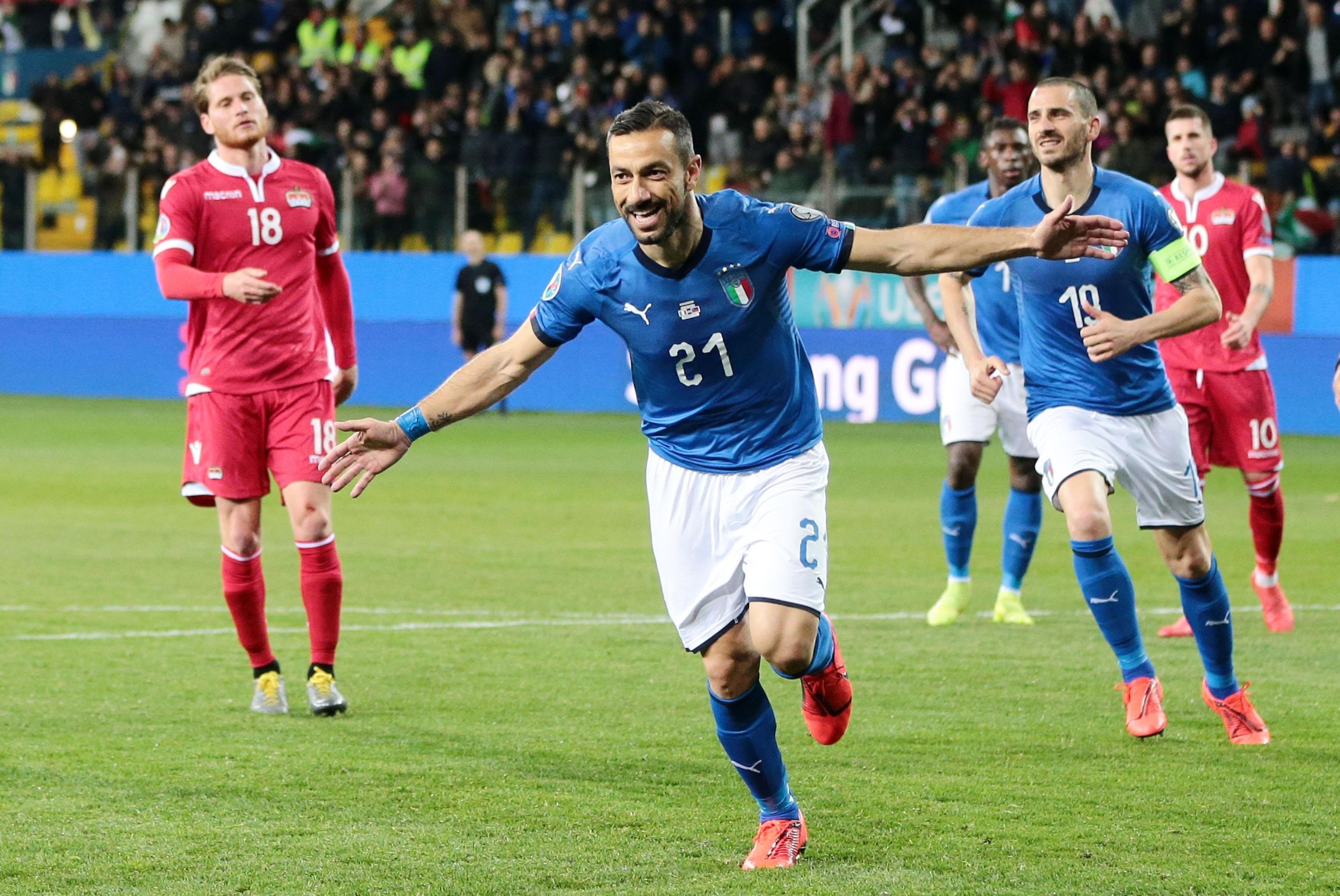 L'esultanza di Quagliarella dopo la rete. Nella partita di ieri il numero 21 è diventato il più anziano marcatore della nazionale italiana di calcio