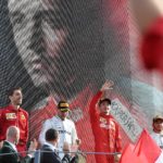 Leclerc della Ferrari festeggia sul podio la vittoria del gp di Formula 1. A completare il podio Bottas e Hamilton della Mercedes Leclerc della Ferrari festeggia sul podio la vittoria del gp di Formula 1. A completare il podio Bottas e Hamilton della Mercedes