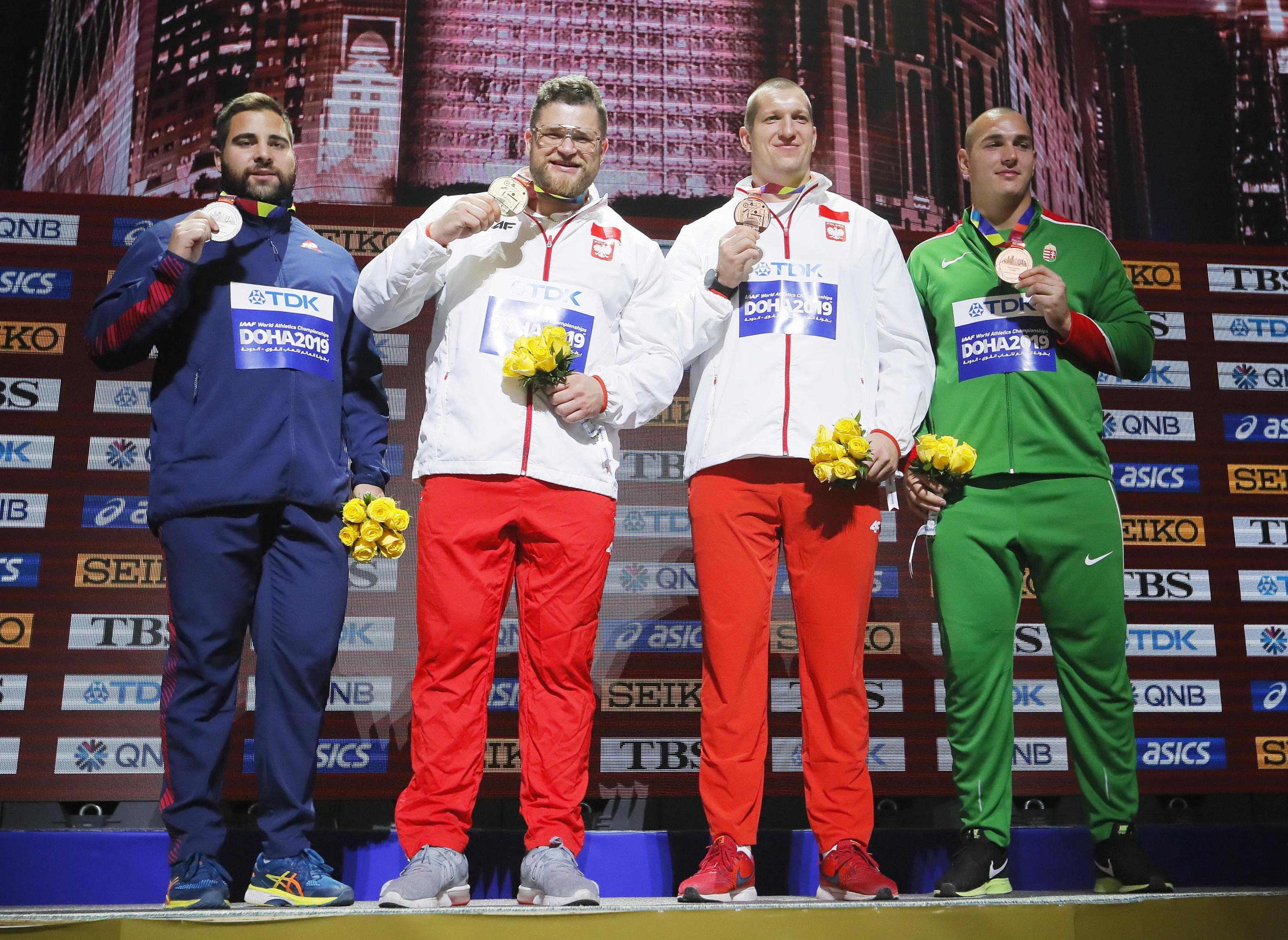 Premiazione gara del lancio del martello: medaglia d'oro a Pawel Fajdek, argento al francese Quentin Bigot e bronzo per Wojciech Nowicki e Bence Halasz a pari merito Premiazione gara del lancio del martello: medaglia d'oro a Pawel Fajdek, argento al francese Quentin Bigot e bronzo per Wojciech Nowicki e Bence Halasz a pari merito