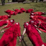 Alcuni manifestanti sdraiati in cerchio su un prato a Brisbane Alcuni manifestanti sdraiati in cerchio su un prato a Brisbane