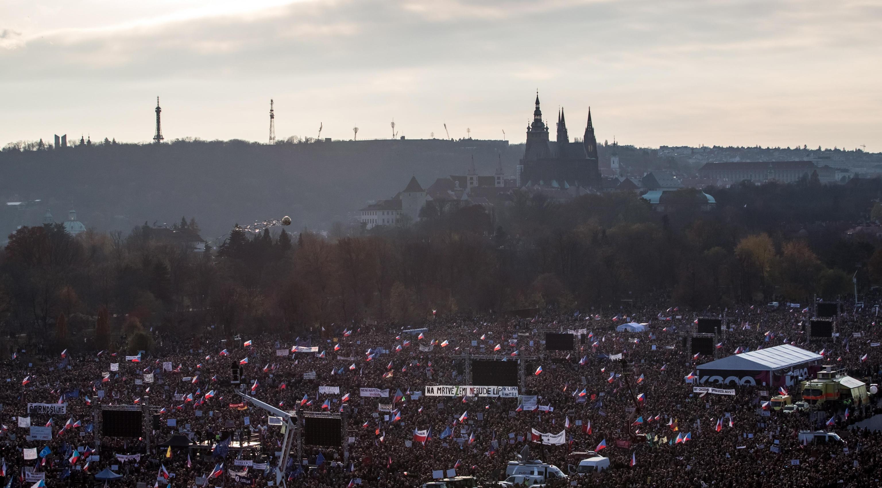 epa08001866 Thousands of demonstrators gather to protest against Czech Prime Minister Andrej Babis, day before the 30th anniversary of the Velvet Revolution, at the Letna plain in Prague, Czech Republic, 16 November 2019. Tens of thousands of people were demanding the resignation of Babis due to alleged conflicts of interest involving his former Agrofert conglomerate he founded. According to chairman of the 'Million Moments for Democracy', Mikulas Minar, who organized the protest, Babis is abusing media and political power to profit his companies. The Czech Republic celebrates the 30th anniversary of their 'Velvet Revolution' commemorating the events of 17 November 1989, when waves of peaceful protests in both Czech and Slovak cities lasting ten days eventually brought down the Communist Government. EPA/MARTIN DIVISEK