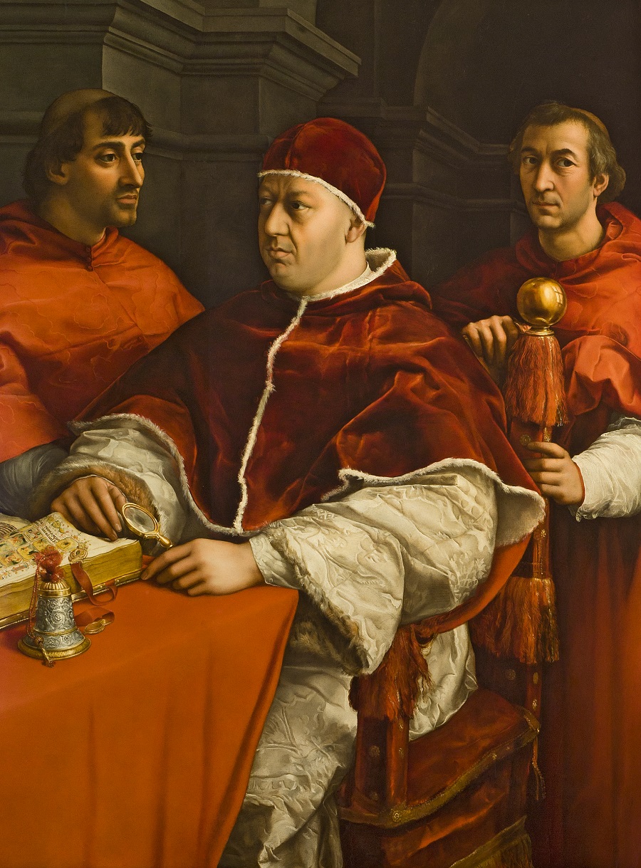 Il Ritratto di Leone X con i cardinali Giulio de' Medici e Luigi de' Rossi, dipinto a olio su tavola, 1518