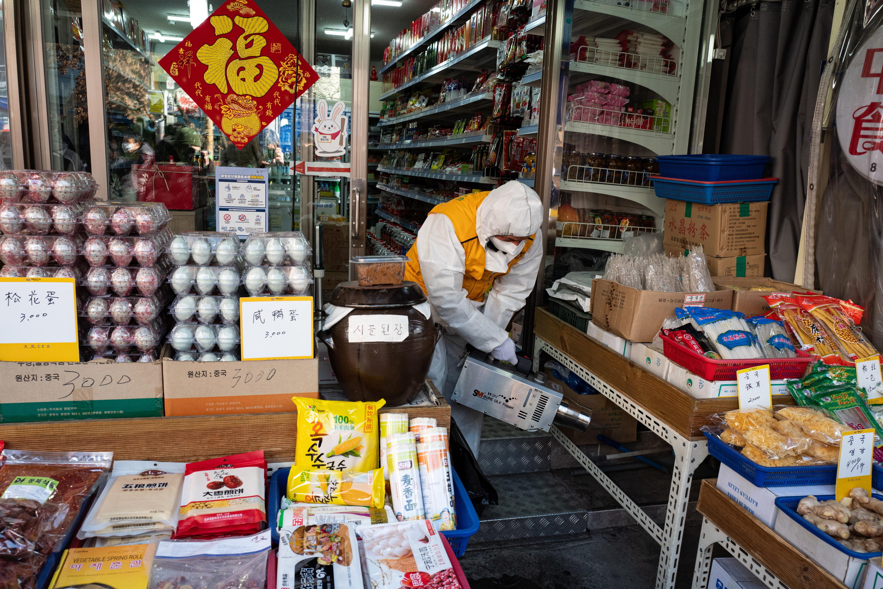 A Seoul, in Corea del Sud, ci sono speciali addetti che disinfettano strade e negozi. A sud del trentottesimo parallelo sono 16 i casi di coronavirus registrati fino a oggi