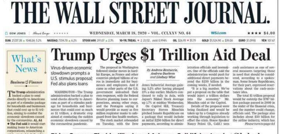 The Wall Street Journal - "Trump spinge per un piano di aiuti da mille miliardi"