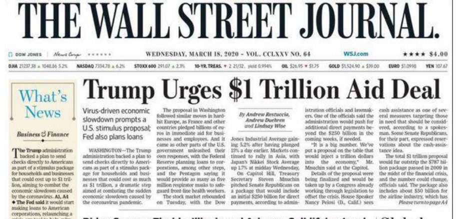The Wall Street Journal - "Trump spinge per un piano di aiuti da mille miliardi"