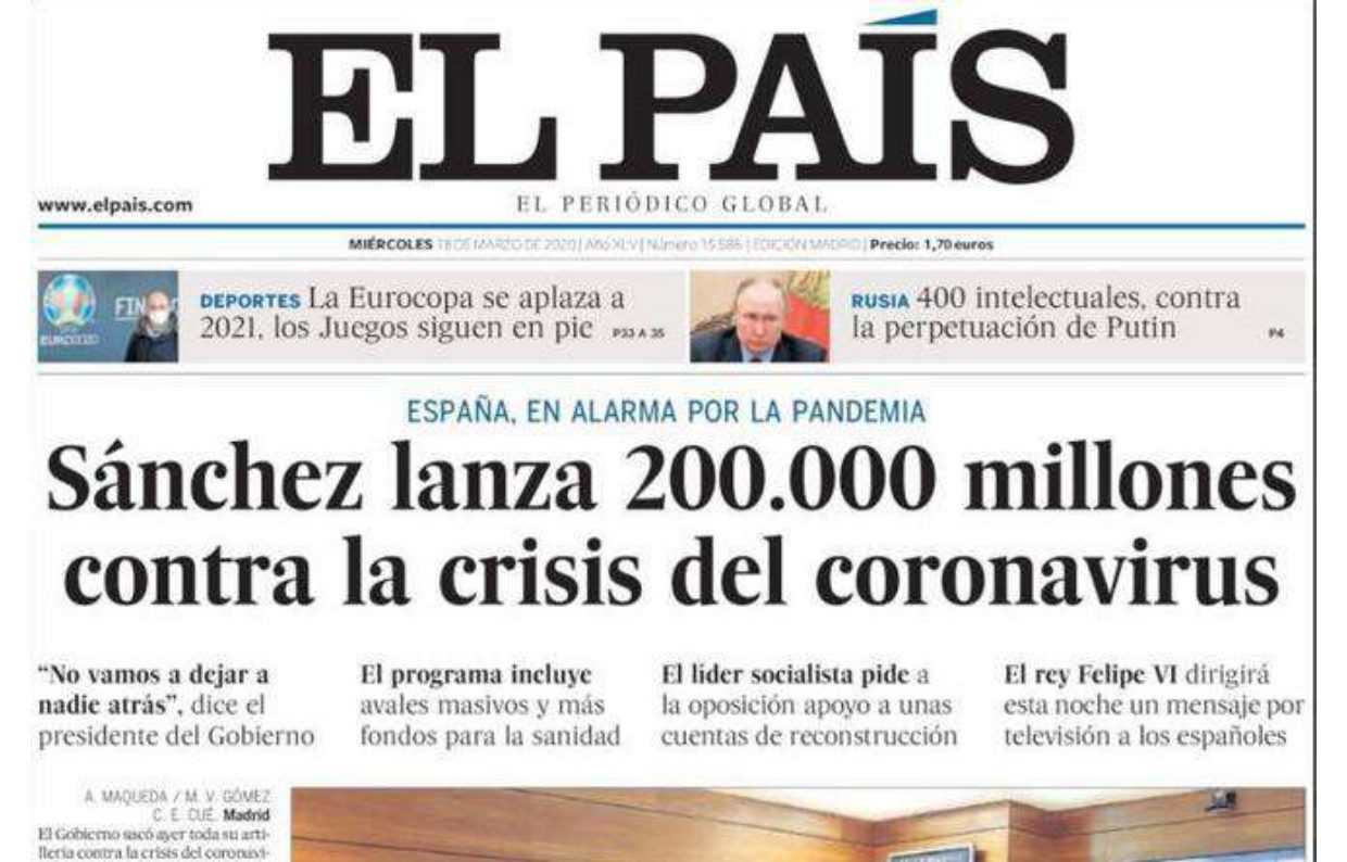 El Pais - "Sanchez mobilita 200 miliardi di euro contro il Coronavirus"