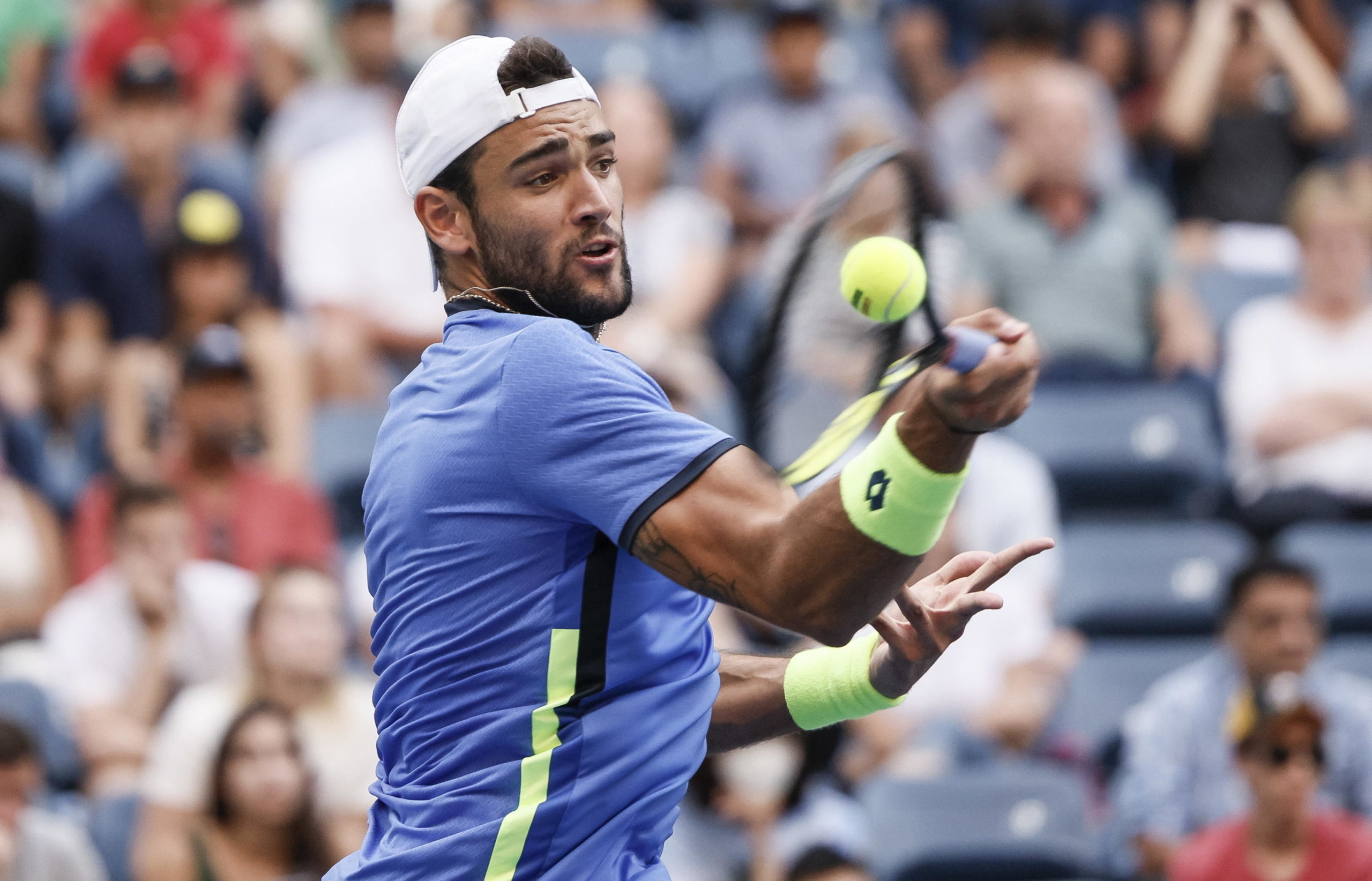 Il tennista italiano Matteo Berrettini impegnato ieri notte nell'ottavo di finale dello slam Us Open Il tennista italiano Matteo Berrettini impegnato ieri notte nell'ottavo di finale dello slam Us Open
