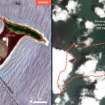 In questa immagine combo satellitare l'isola prima e dopo l'eruzione del vulcano sottomarino In questa immagine combo satellitare l'isola prima e dopo l'eruzione del vulcano sottomarino