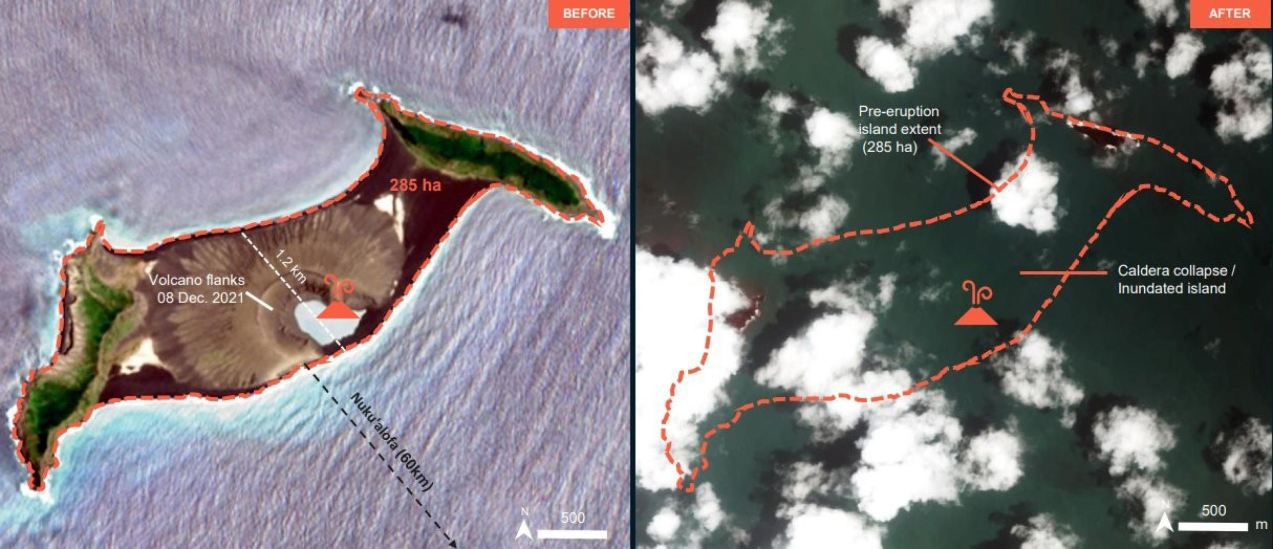 In questa immagine combo satellitare l'isola prima e dopo l'eruzione del vulcano sottomarino In questa immagine combo satellitare l'isola prima e dopo l'eruzione del vulcano sottomarino