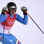 La gioia di Federica Brignone dopo il secondo posto nello slalom gigante di sci alpino femminile ai Giochi olimpici di Pechino 2022