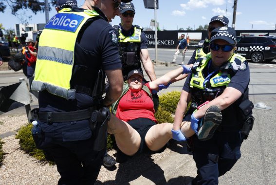 Una manifestante viene trascinata via di forza dall'ippodromo di Flemington durante il Melbourne Cup day