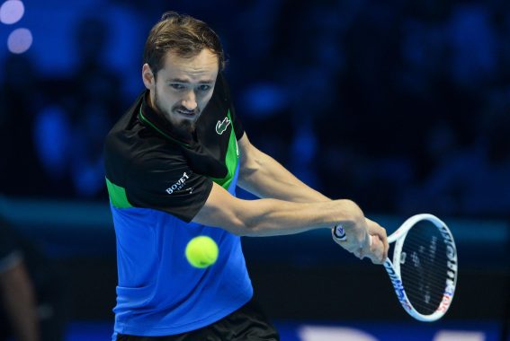 Il tennista russo Danil Medvedev ha vinto contro Andrej Rublev durante il torneo Atp Finals 2023 al Pala Alpitour a Torino Il tennista russo Danil Medvedev ha vinto contro Andrej Rublev durante il torneo Atp Finals 2023 al Pala Alpitour a Torino
