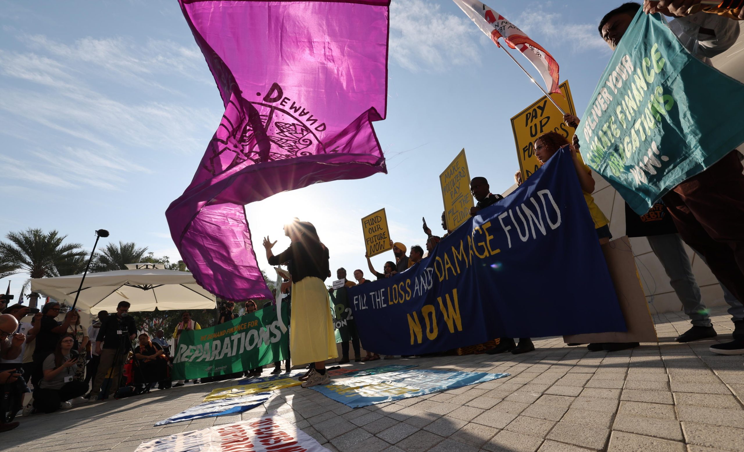 Gli attivisti per l'ambiente espongono cartelloni e striscioni