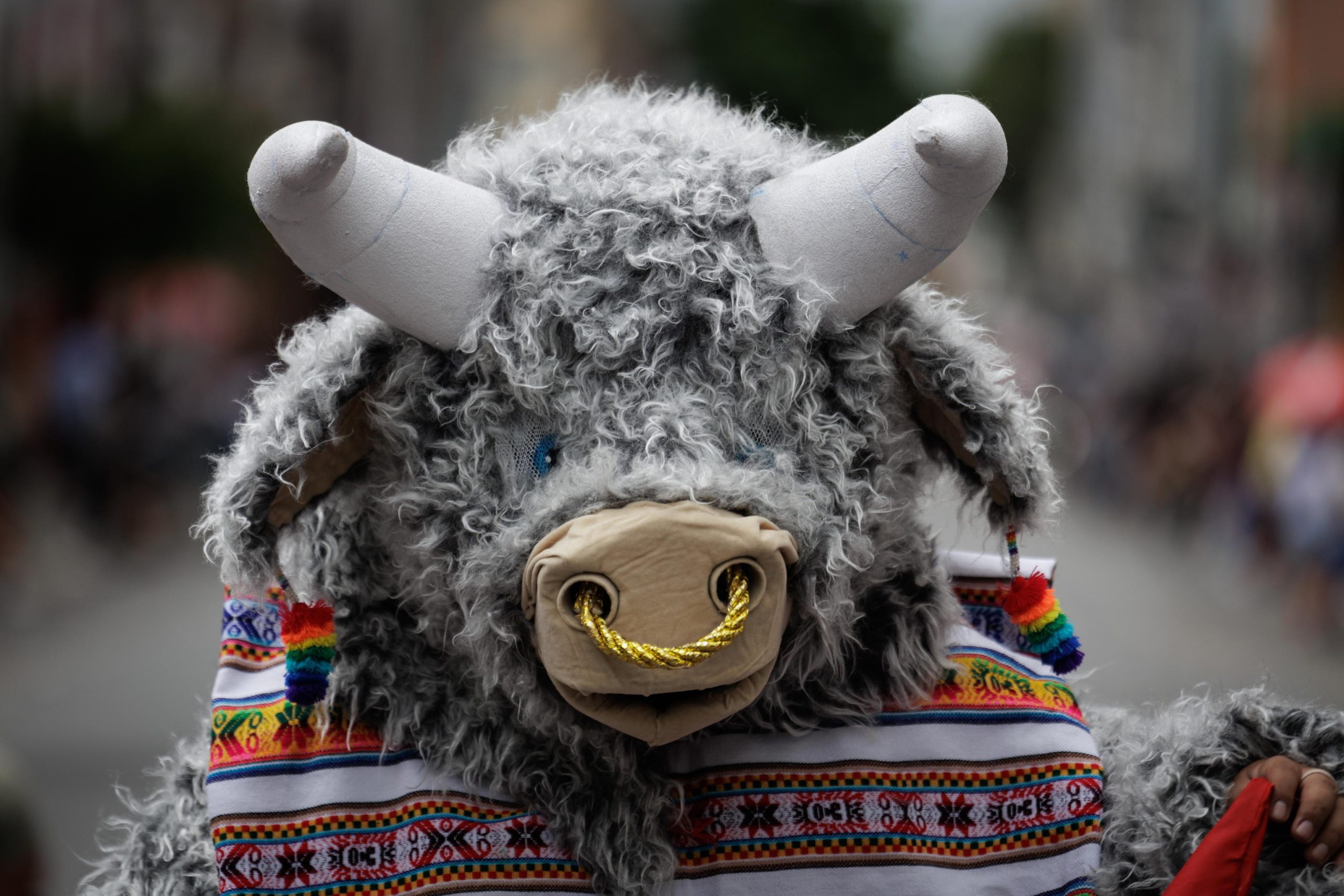 Un ballerino vestito da toro, adornato con una tradizionale sciarpa andina in lana di alpaca Un ballerino vestito da toro, adornato con una tradizionale sciarpa andina in lana di alpaca