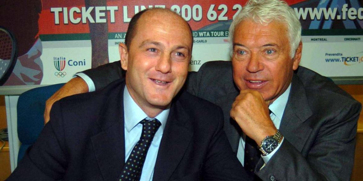 Il presidente federale Angelo Binaghi e Nicola Pietrangeli durante la presentazione di Telecom Italia Masters di tennis a Roma