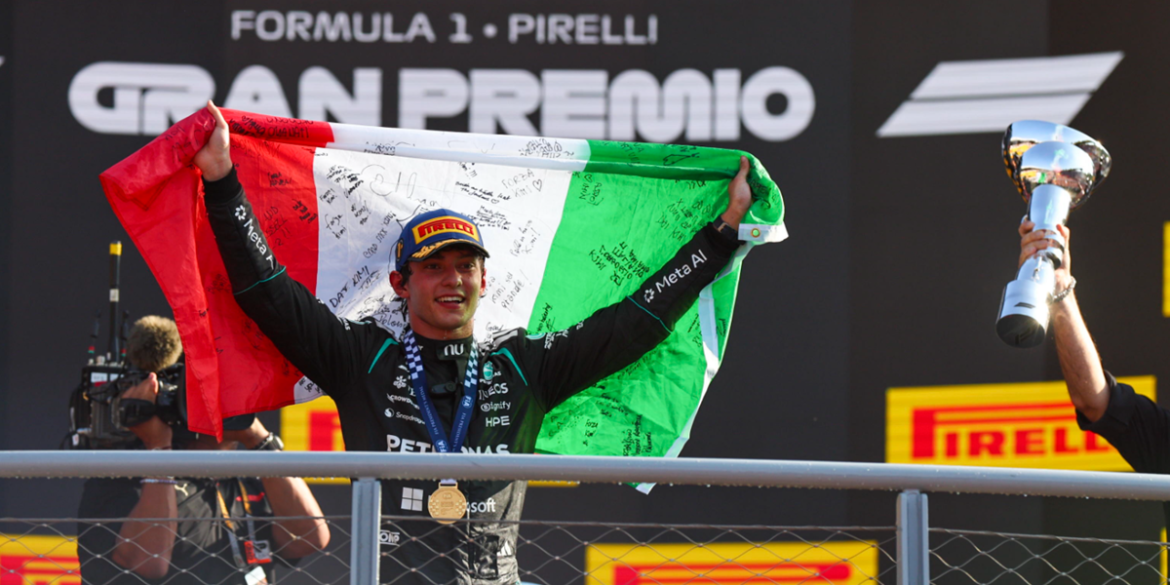Andrea Kimi Antonelli festeggia la vittoria del Gran Premio d'Italia