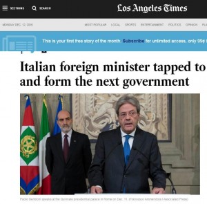 Gentiloni su Los Angeles Times