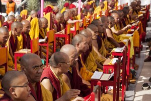 Monaci buddisti in preghiera con il libro sacro