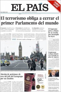In Spagna El Pais apre con un taglio istituzionale: «Il terrorismo obbliga a chiudere il primo parlamento del mondo»