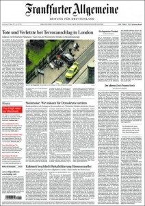 Apertura particolare per il Franffurter Allgemeine che porta in copertina la foto del suv nero sche ha causato numerose vittime sul ponte tra il Big Ben e la London Eye