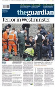 Foto a tutta pagina per il Guardian, che apre con «Terrore a Westminster». Nell’immagine il deputato Elwood che ha provato a rianimare invano l’agente Palmer