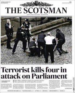 Titolo più contenuto per lo Scotsman, principale giornale scozzese. «Terrorista uccide quattro persone al Parlamento»